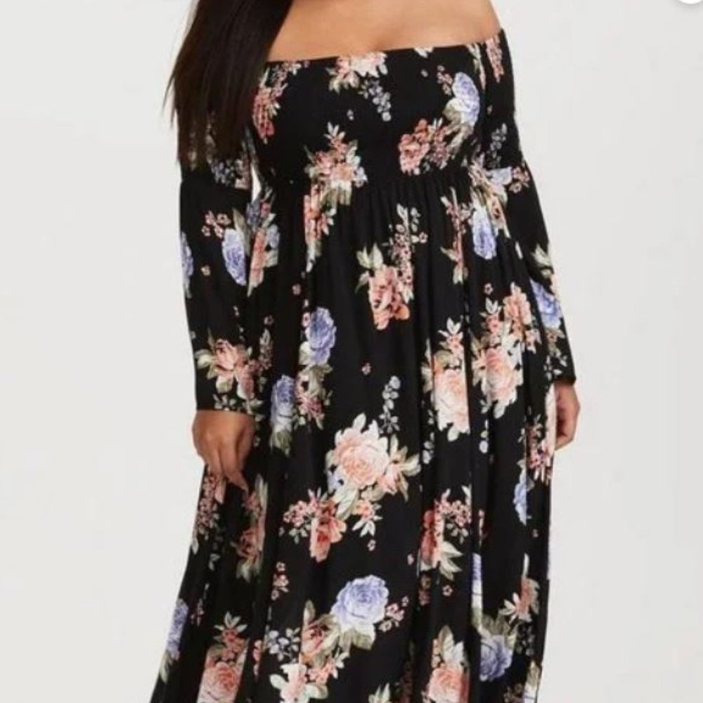 Torrid On/Off Shoulder Smocked Hi Low Maxi Challis Dress